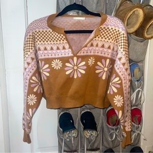 Altar'd State Brown and Pink Floral Cropped Sweater